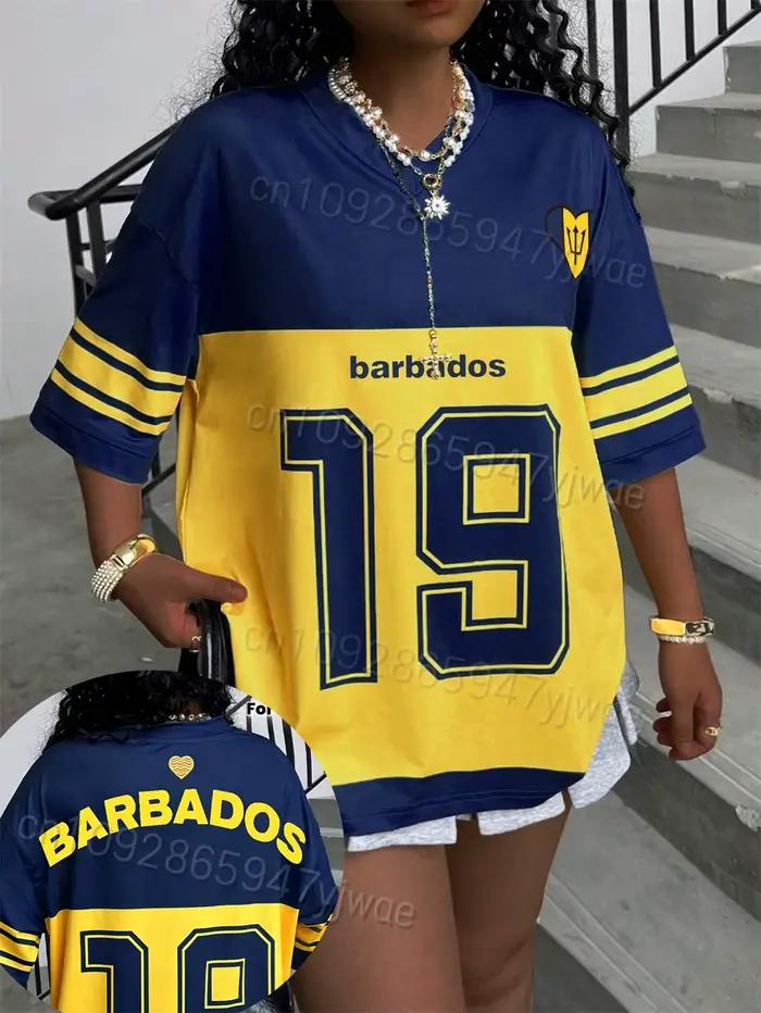 T-shirt streetwear pour femme à manches courtes, col en V, en jersey, imprimé graphique numérique tendance, couleurs contrastées, Barbade