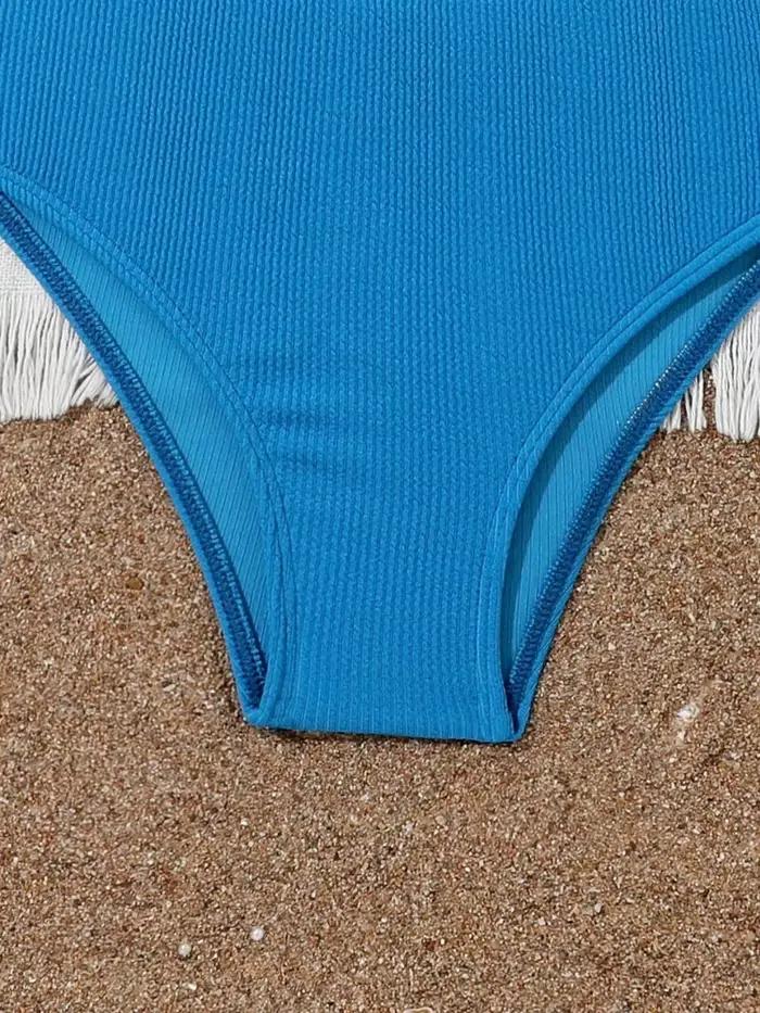 Bikini filles enfants maillot de bain 2026 nouveau bleu côtelé fronde maillots de bain pour enfants été taille haute deux pièces plage maillot de bain natation