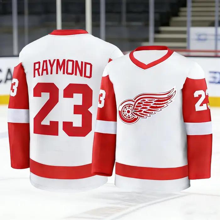 Maillot de hockey 2026 Rouge/Blanc avec l'icône emblématique de la roue ailée # Vêtements à manches longues avec 23 logos rayés pour les fans et les collectionneurs, impression 3D HD