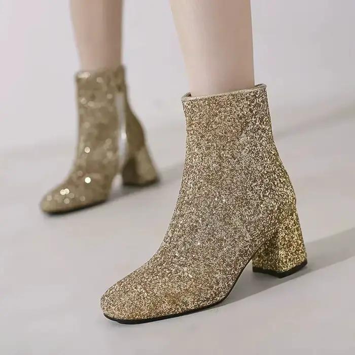 Bottines Chelsea pour femmes, grande taille 48 49 50, or, argent, bleu, tissu pailleté, paillettes, talons hauts épais, scintillants, fête, hiver