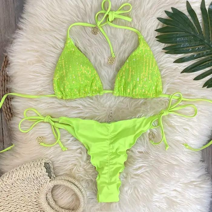 Melphieer Swim 2 pièces femmes été plage vacances froncé Bum paillettes scintillantes plaine licou sangle Bikini ensemble maillot de bain