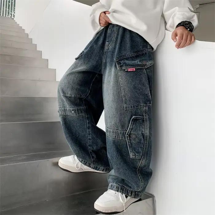 Jean Cargo incurvé avec poche pour enfants de 5 à 14 ans, nouvelle mode, Design de luxe, pour adolescents, Baggy décontracté, pantalon en Denim de charpentier