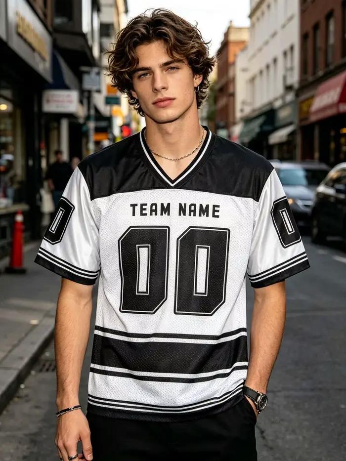 Maillot de football américain personnalisé noir col en V - Nom et numéro personnalisés, haut décontracté tendance pour le streetwear hommes femmes jeunes