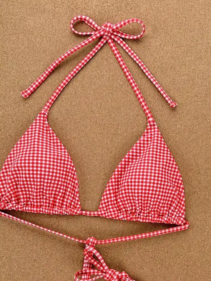 Ensemble de bikini à carreaux rouges mignons - Maillot de bain 2 pièces avec haut triangle et bas à nouer sur les côtés pour les vacances d'été à la plage