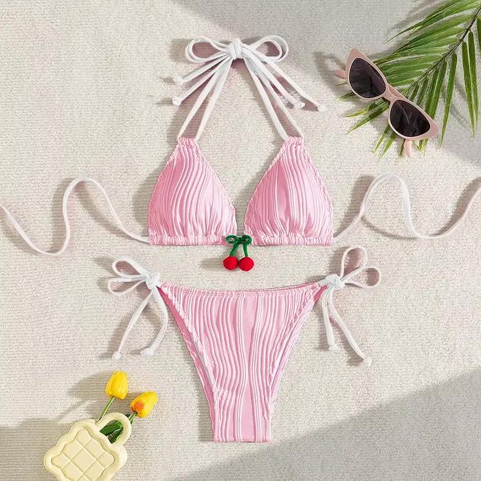 Sexy rouge cerise Bikini ensemble femmes côtelé Push Up Micro maillots de bain plage maillot