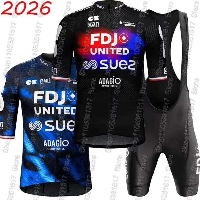 Ensemble Maillot et Cuissard Cycliste Unisexe FDJ SUEZ 2026 France – Tenue Homme Femme Manches Courtes pour Vélo de Route