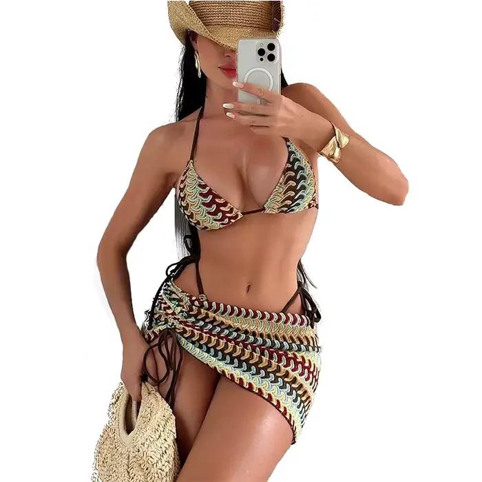 2026 Ensemble de bikini bohème sexy pour femme, maillot de bain imprimé trois pièces avec paréo et taille haute