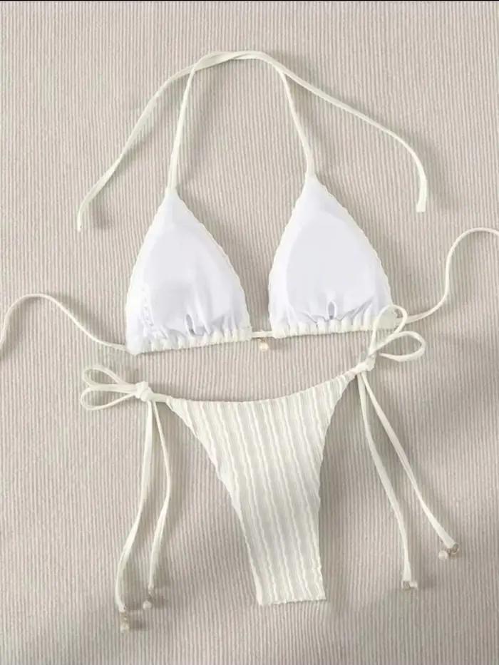 Sexy laiteux côtelé licou Micro Mini Bikini ensembles deux pièces cravate femmes string maillot de bain femme