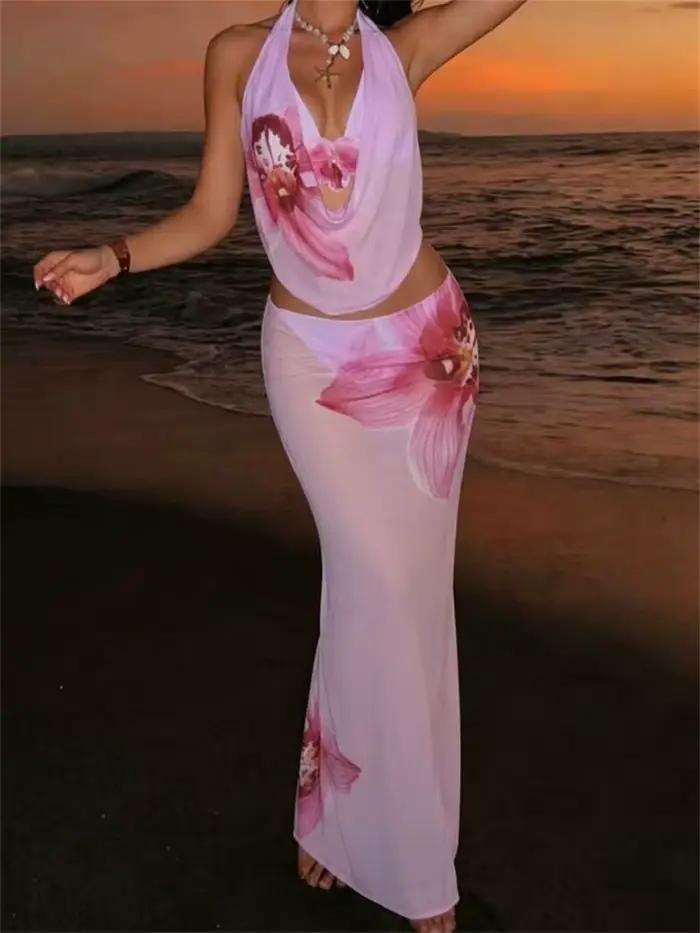 Maillot de bain 3 pièces rose imprimé pour femme