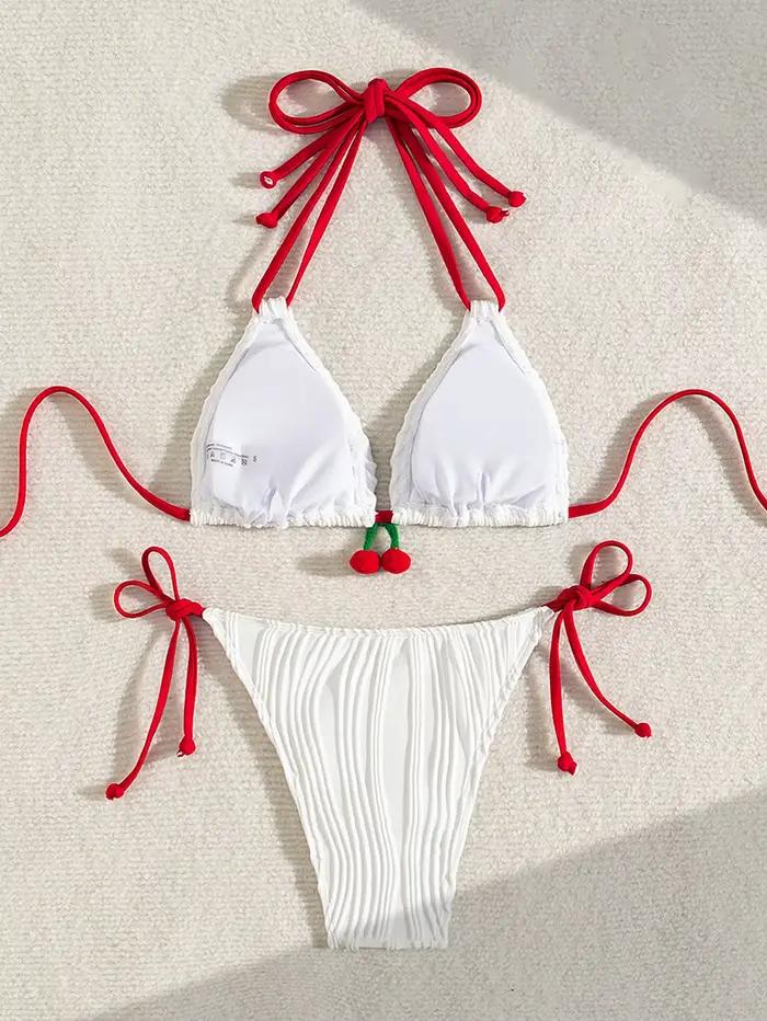 Sexy rouge cerise Bikini ensemble femmes côtelé Push Up Micro maillots de bain plage maillot