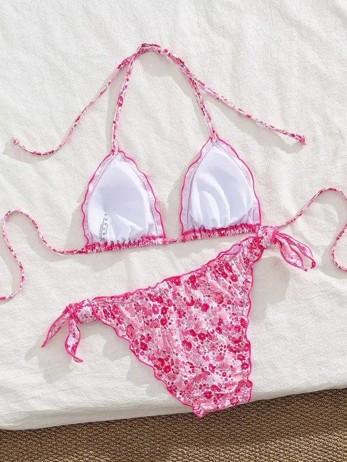 Ensemble bikini floral orange pour femme, dos nu et volants, push-up, bikini haute taille, idéal pour la plage et les occasions spéciales
