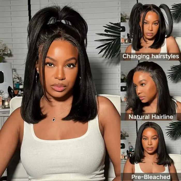 Julia Hair-Perruque Bob droite sans colle Yaki, 7x5, Bye Bye Knots, Gluless BOb Human Hair, Wear and Go Lace Front Wig