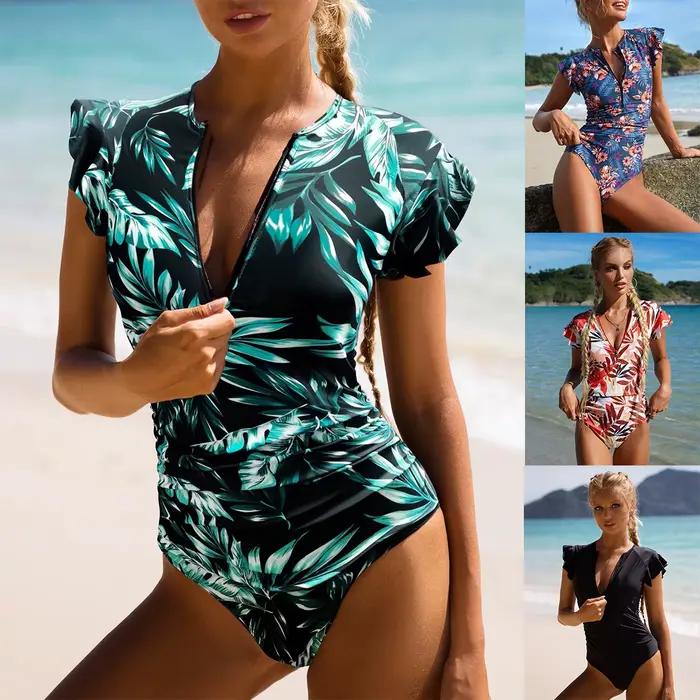 Nouvelle Robe Courte Tendance Maillot de Bain Une Pièce avec Fermeture Éclair Bikini Sexy Épaissi Imprimé pour Femme Tenue de Plage Été