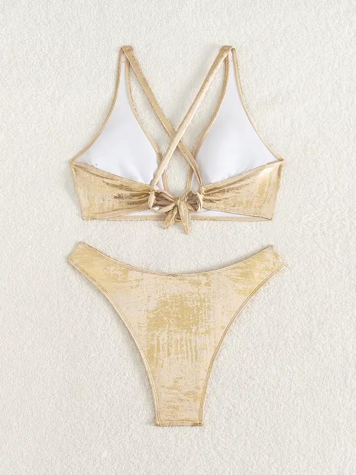 Nouvel ensemble de bikini sexy doré brillant en métal avec anneau