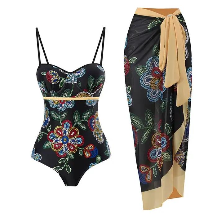 Maillot de bain imprimé une pièce pour femme 2026 avec jupe de plage