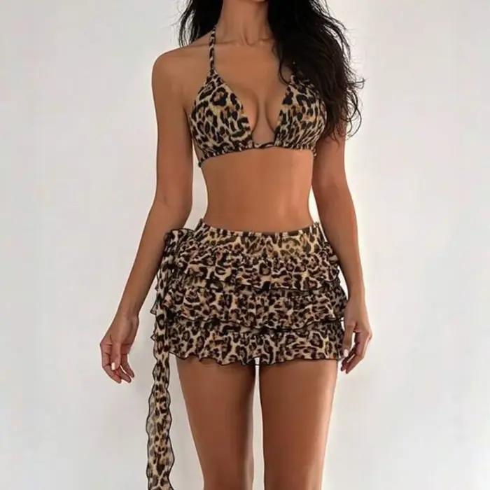 Ensemble Bikini 3 pièces imprimé léopard pour femmes
