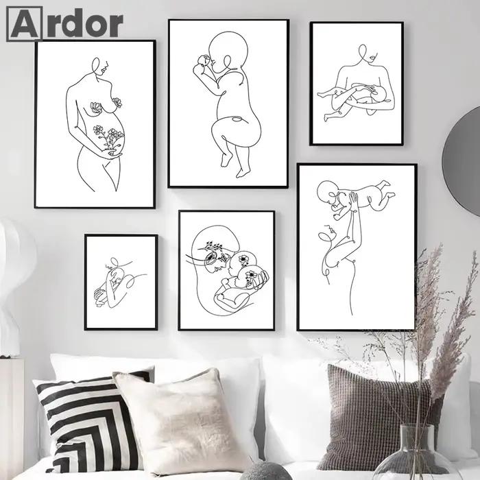 Peinture murale abstraite mère et enfant, dessin de corps de bébé, affiche d'art imprimée, image minimaliste, décor de maison