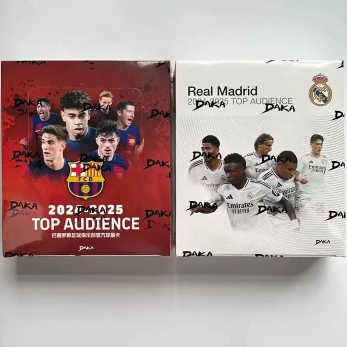 Maillots d'équipe authentiques DAKA Top Audience 2024-2025 Barcelone & Real Madrid avec cartes autographiées et logos des joueurs.