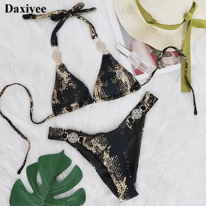 Maillot de bain féminin imprimé peau de serpent col licou diamant strass ensemble bikini taille basse coupe haute polyester occassions plage vacances piscine spa sources chaudes sports nautiques