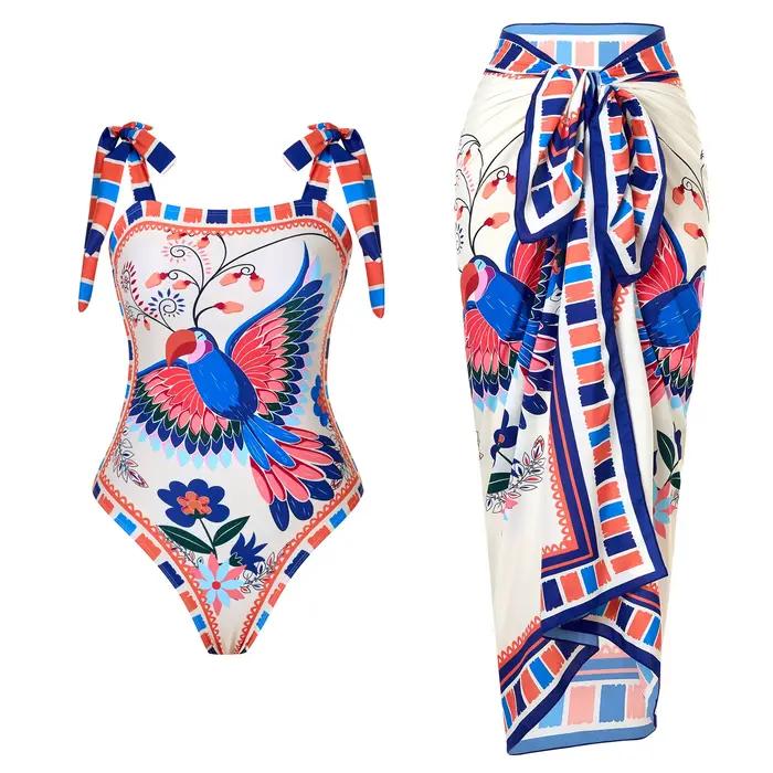 Maillot de bain une pièce imprimé avec jupe de plage pour femmes, tenue de bain estivale pour nager et plage, ajustement parfait, design moderne