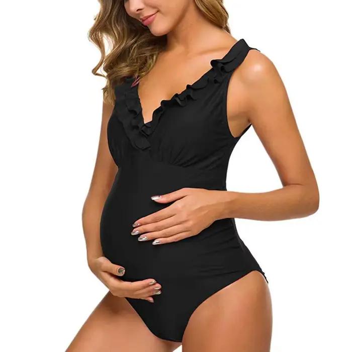 Femme enceinte Sexy maillot de bain maternité solide dos nu Bikinis Falbala à volants maillots