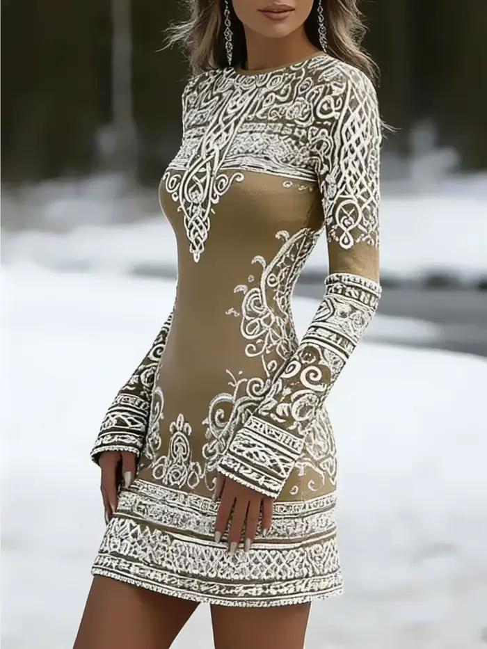 Robe courte moulante à col rond et manches longues pour femme, élégante et amincissante