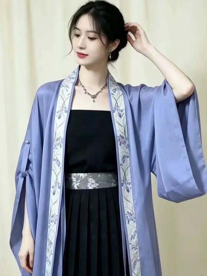 Ensemble Hanfu d'été style Song surdimensionné 8XL pour femme, col kimono, cardigan noir et violet, Hanfu ancien, ensemble 3 pièces, grande taille 8XL
