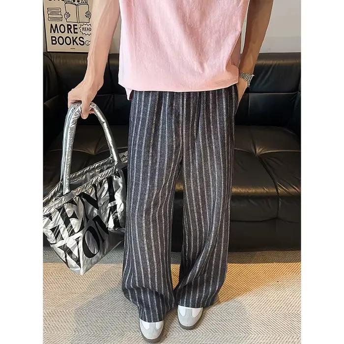 Pantalon large taille haute à jambe droite pour hommes avec rayures, pantalon de salon confortable et décontracté, grande taille M-XXXXXXXXL