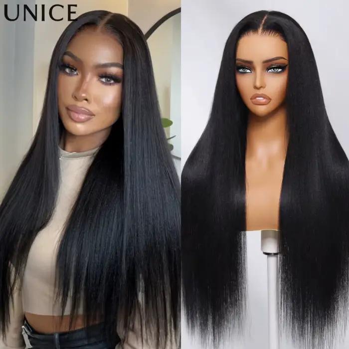 UNice 7x5 Bye-Bye Slip ™   Perruque Yaki Lisse Sans Colle avec Cordon Invisi, 100% Cheveux Humains, Prête à Porter