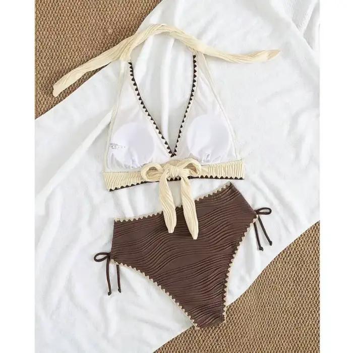 Bikini Taille Haute Femmes Maillots de Bain Plage Vacances Piscine Fête Style de Plage Col Triangulaire Nylon Élasthanne