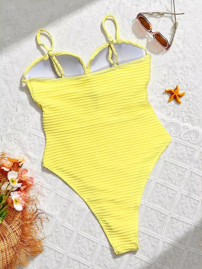 Nouveau Maillot de Bain Jaune Femme 2026 Sexy Évidé à Bretelles Une Pièce Texturé Rembourré Monokini Taille Haute Tenue de Plage