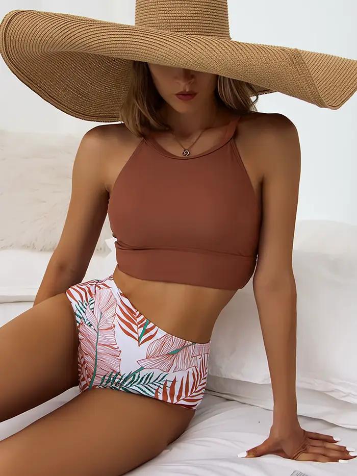 Bikini Taille Haute Femme Col Haut Maillot de Bain Plage Ensemble 2 Pièces Solide Fleur Imprimer Occasions Spéciales Plage Vacances Romantiques