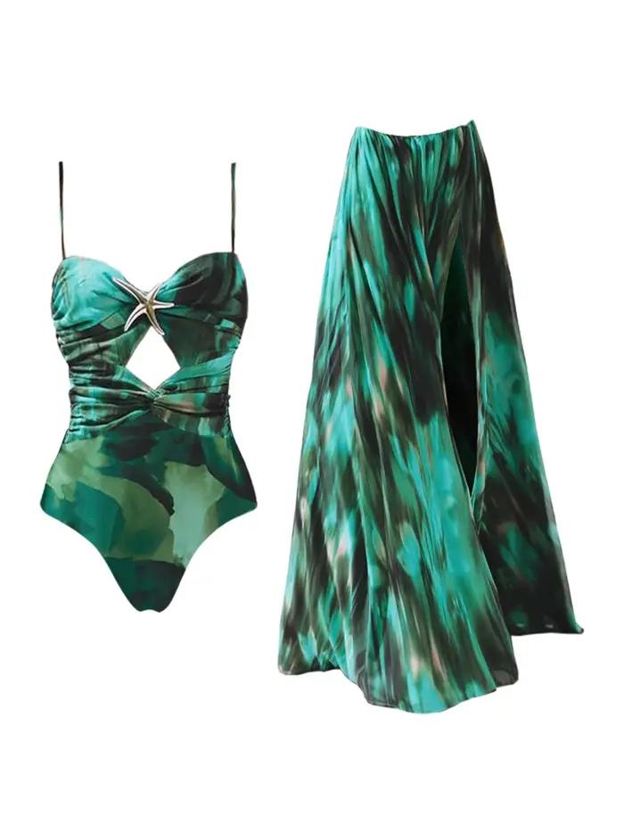Nouveau Maillot de Bain Une Pièce Imprimé Vert 2026 pour Femme avec Jupe Parapluie Fendue – Tenue de Plage Estivale