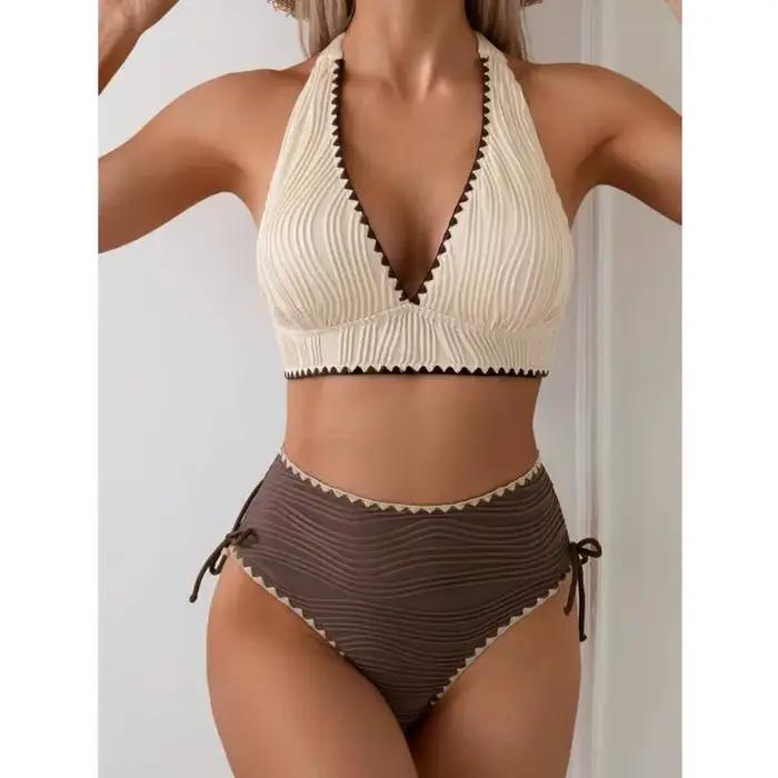 Bikini Taille Haute Femmes Maillots de Bain Plage Vacances Piscine Fête Style de Plage Col Triangulaire Nylon Élasthanne