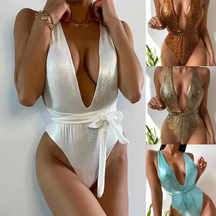 Maillot de bain une pièce sexy dos nu, col en V, à nouer