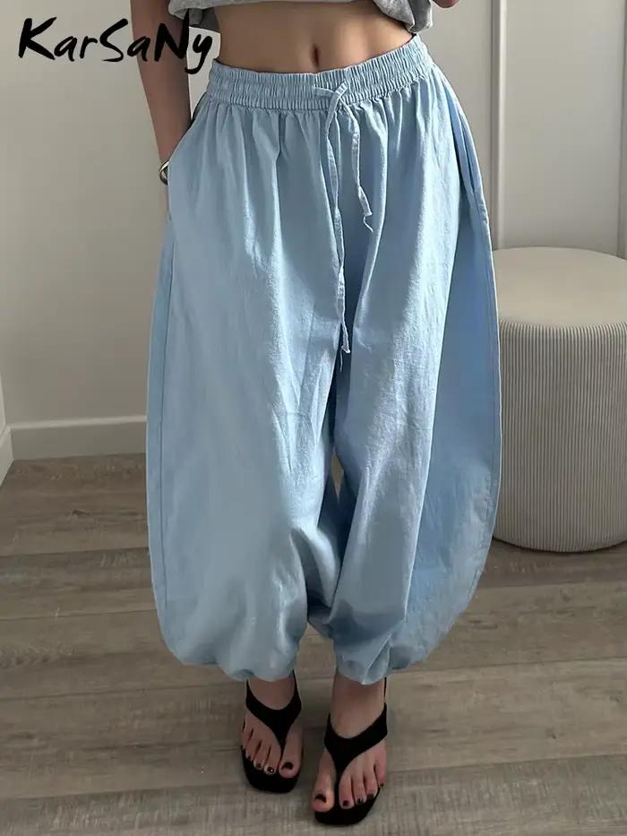 Pantalon large beige pour femme, coupe ample, style lanterne, taille élastique, décontracté, oversize, en coton, pour l'été et l'automne