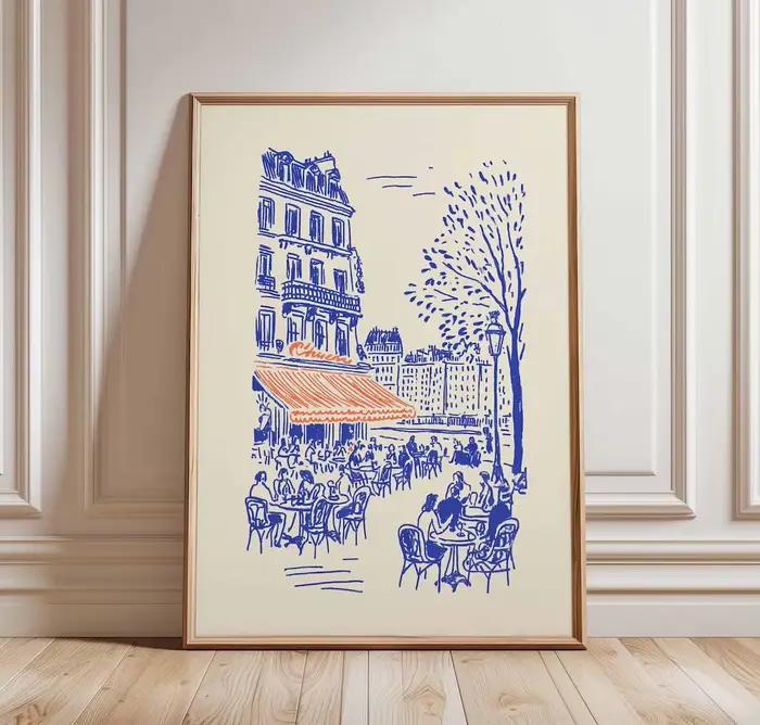 Affiche d'art linéaire sur le thème des cafés de Paris, Décoration murale de bistrot français, Illustration minimaliste de Paris, Illustration de café européen