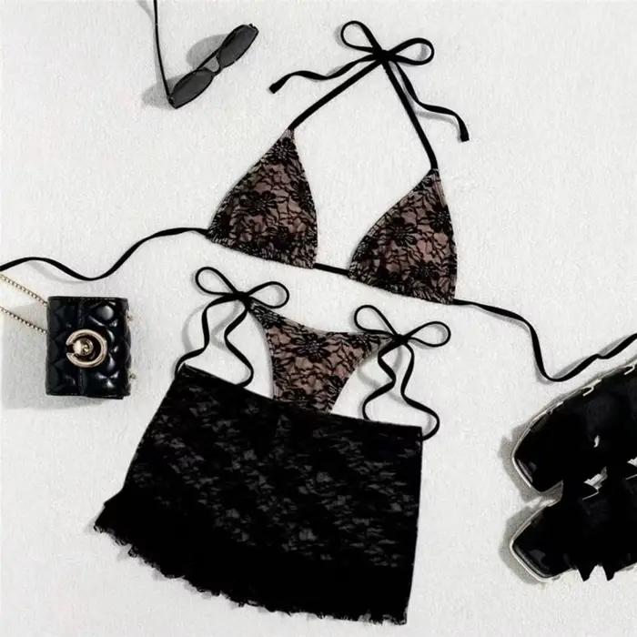 Triangle String licou Bikinis ensembles 3 pièces noir dentelle maille maillots de bain