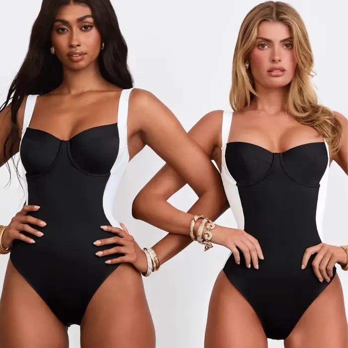 Contrôle du ventre noir fronde façonnage une pièce maillot de bain ensemble femmes Boho