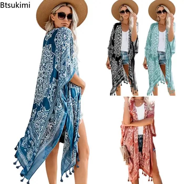 Bikini Cache-Maillot Boho Imprimé Franges Long Kimono Femmes Grande Taille Vetements Plage Maillot Bain Couvrir Occasions Plage Piscine Fete Club Casual