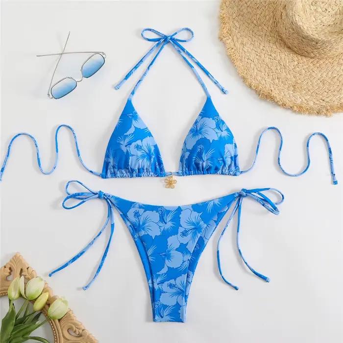 Bikinis sexy rose rouge imprimé fleurs pour femmes ensemble de maillots de bain plage été 2025 tricoter polyesters nylon