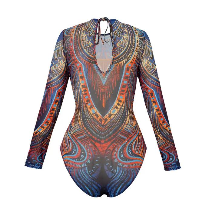 Maillot de bain une pièce vintage bleu à imprimé ethnique avec jupe longue en maille