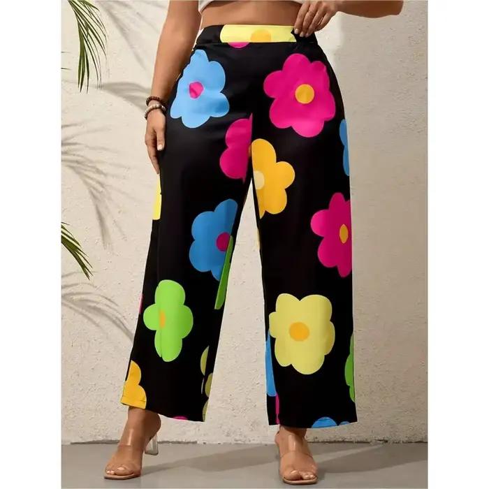Pantalon large à imprimé floral coloré pour femmes, taille haute, style vacances, printemps-été, coupe confortable, pantalon décontracté