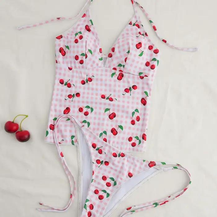 Maillot de bain deux pièces Fresh Cherry, design amincissant triangulaire pour filles et femmes, tissu en nylon avec doublure en polyester, adapté pour...