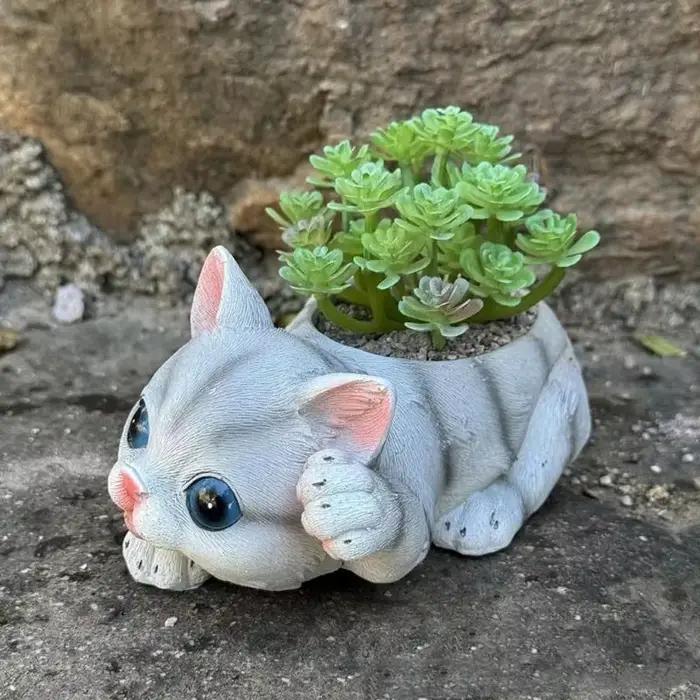 Pot fleur en forme félin mignon, conteneur jardinière en résine adapté aux petites plantes succulentes, décoration