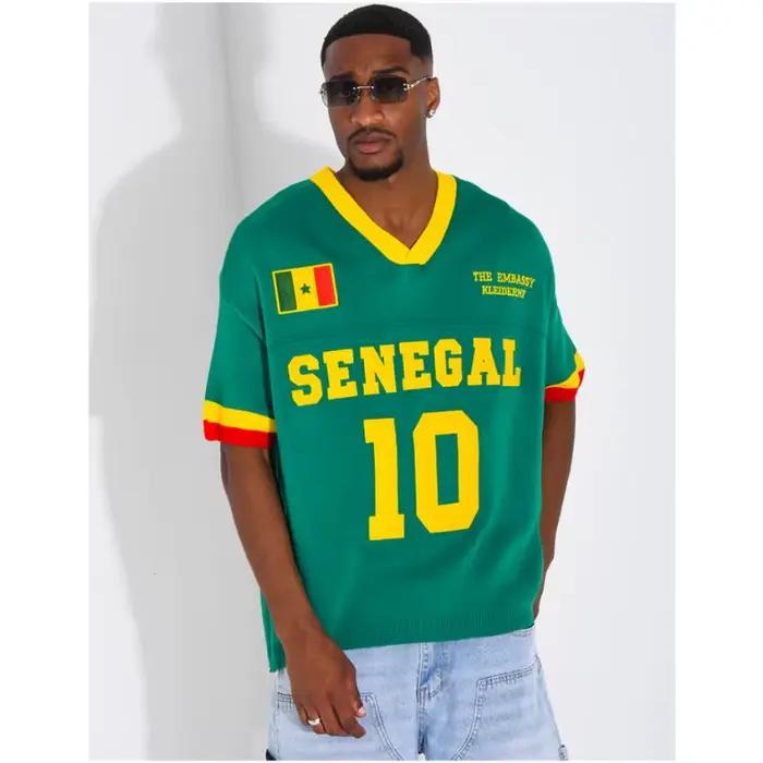Nouveau T-shirt décontracté à manches courtes unisexe, thème Sénégal 2026, vert classique avec col jaune, coupe ample
