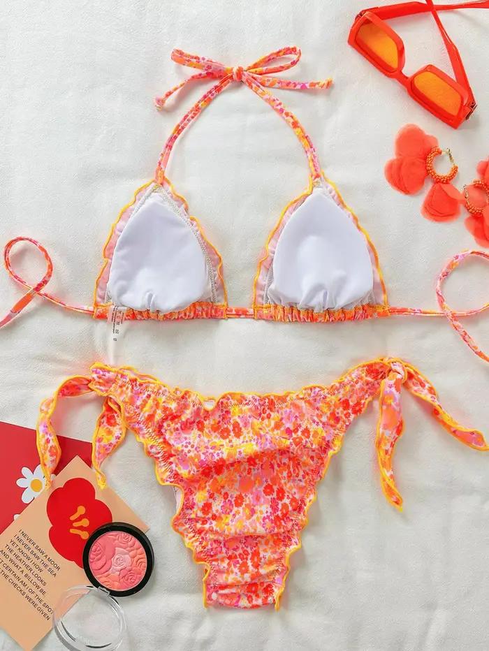 Ensemble bikini floral orange pour femme, dos nu et volants, push-up, bikini haute taille, idéal pour la plage et les occasions spéciales