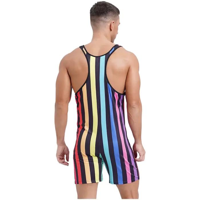 Maillot de bain une pièce pour homme, body rayé, justaucorps, combinaison de lutte, short de plage, combishort, vêtement de musculation