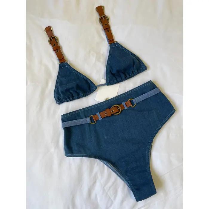 Maillot de bain bikini en dentelle à col en V avec ceinture