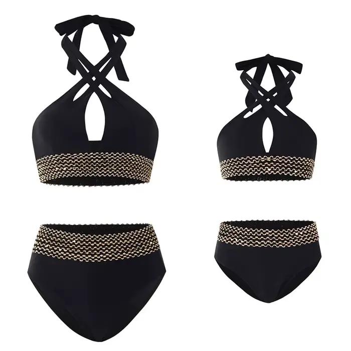 Maillot de bain à rayures pour mère et fille, vêtements de plage pour la famille, à volants